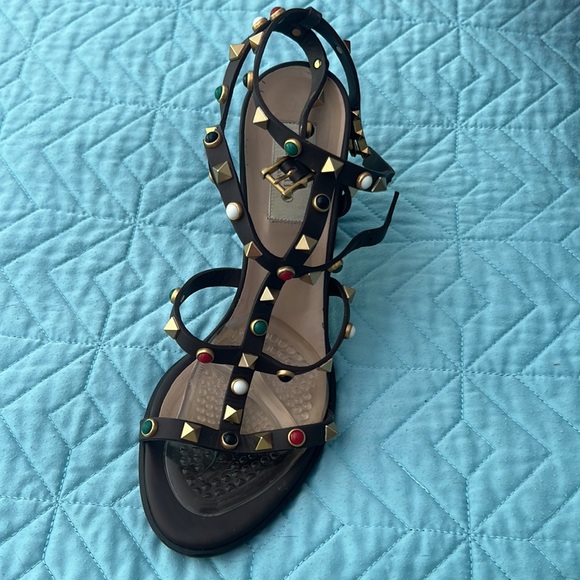 Valentino Rockstud brown sz8 multicolor stones 3.75”chunky heel sandals box&bag - Picture 2 of 6